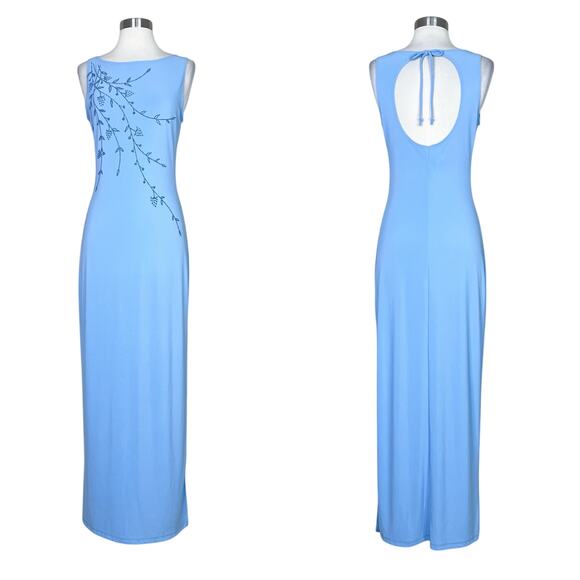 Eye Candy | 90s Vintage Floral Beaded Glitter Y2K Baby Blue Open Back Maxi Dress - Picture 1 of 11